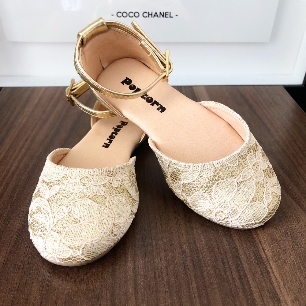 Toddler Flat Shoe Glitter Renda Ouro Contramao